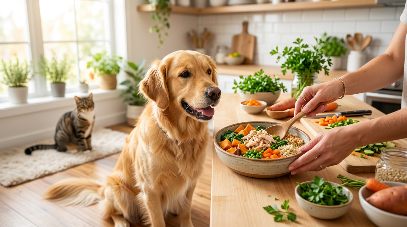 Bowl of fresh homemade dog food with vegetables and chicken